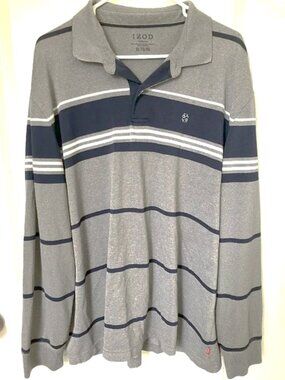 Izod Performance Men’s Grey and Navy Striped Long Sleeve Polo, X-Large